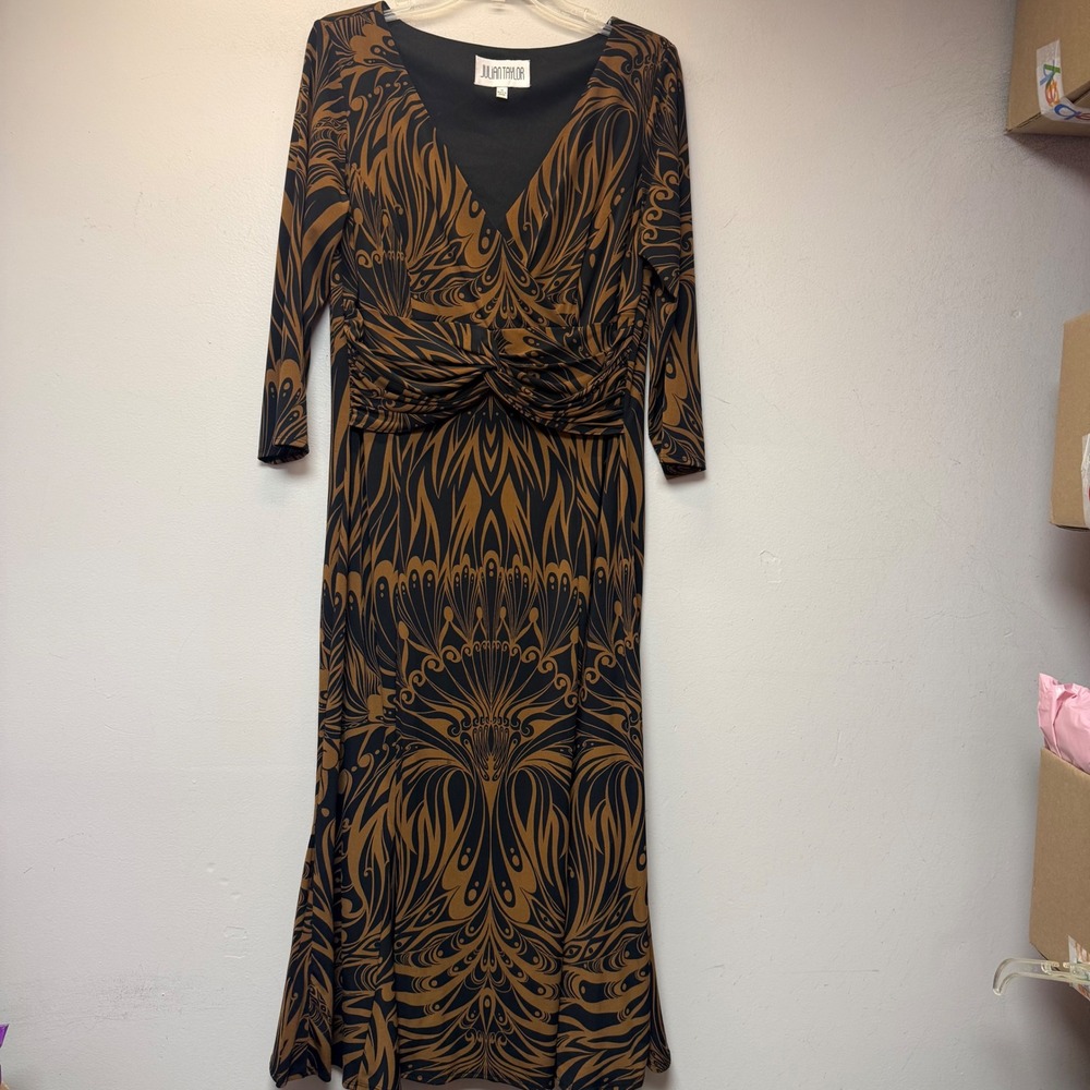 Julian Taylor Midi Dress Womens 14 Brown Black Excellent Twist Front V-Neck